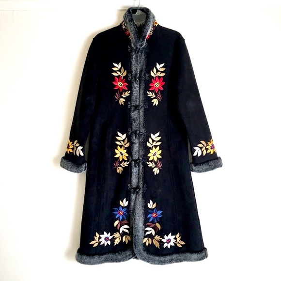 Anthropologie Black Lucee & Ethel Embroidered Faux Fur Coat